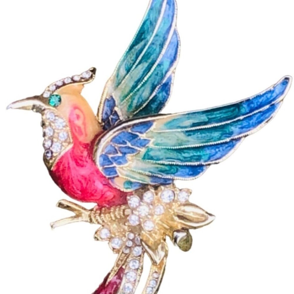 Bird of Paradise Brooch Pin Large Tropical Colorful Enamel Gold Tone Rhinestones - Picture 3 of 4